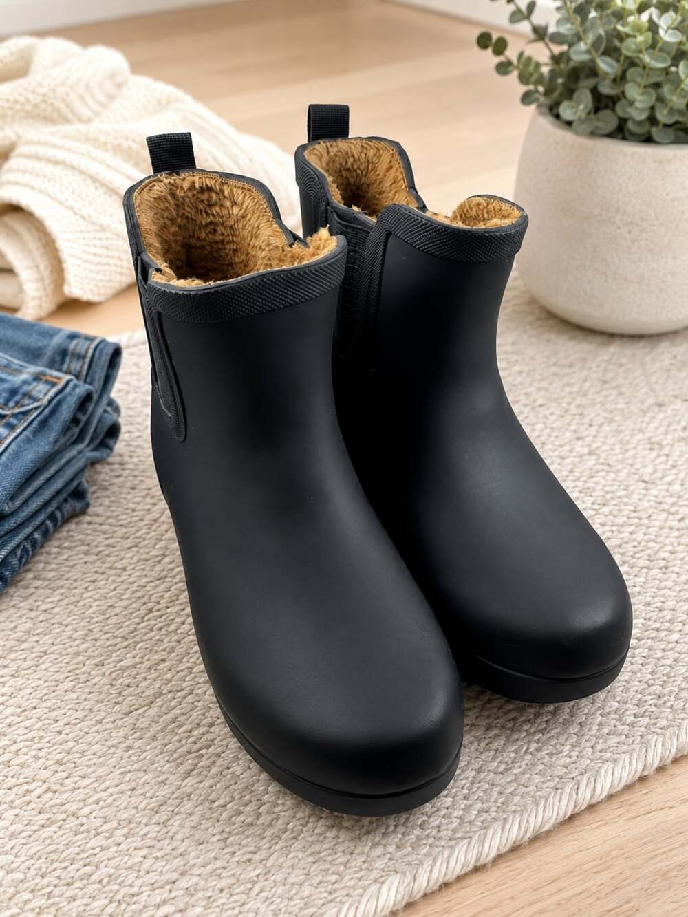 Chooka Black Faux Fur Lined Rain Boots Waterproof Chelsea Ankle Boots Size 6